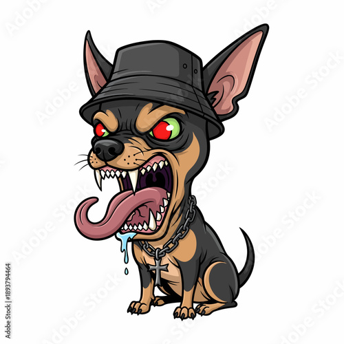 A cartoon dog wearing a hat and chain, sitting aggressively with its tongue out, illustrating a humorous scene