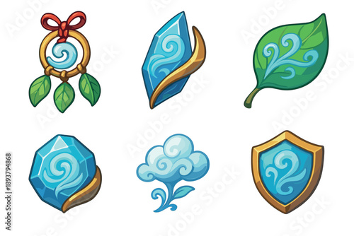 Six fantasy game assets with air element symbols, featuring a magical amulet, blue crystals, a leaf, a cloud, and a golden shield in a detailed cartoon illustration style