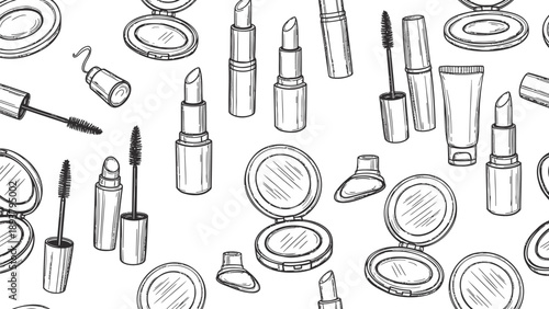 Black and white illustration of various makeup products scattered on a white background