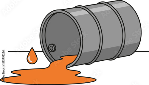 A gray industrial barrel is spilling orange liquid onto a clean flat surface creating a vibrant puddle