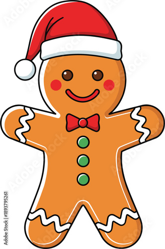 Cute gingerbread man Christmas cookie wearing a red Santa hat and bow tie, hand drawn cartoon holiday vector illustration isolated on white.