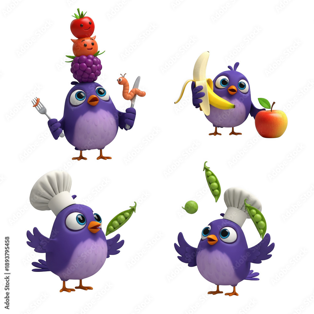 Fototapeta premium Whimsical Purple Bird Characters Engaging with Food in Vibrant Illustrations