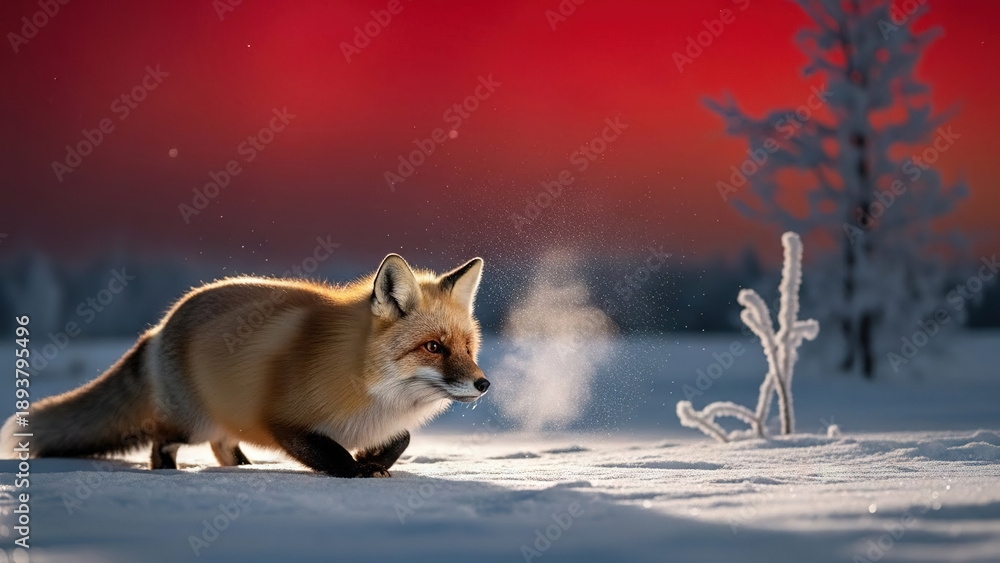 Fototapeta premium Fox walking through snow-covered forest at sunset