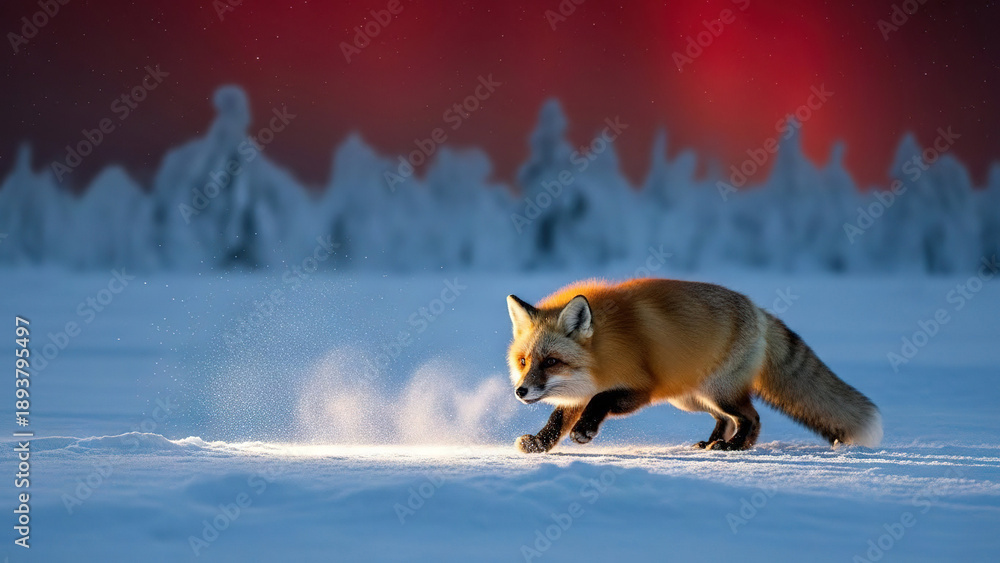 Fototapeta premium Fox walking through snow-covered forest at sunset