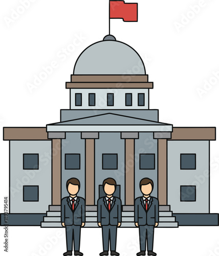 Government building with three official figures representing legal and administrative power