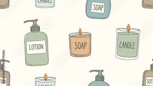 Bathroom essentials illustration with soap lotion and candle on cream background