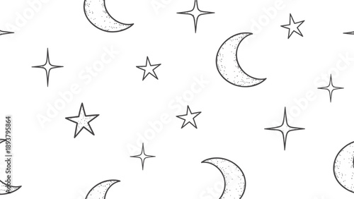 Night sky pattern with crescent moons and stars on white background for design