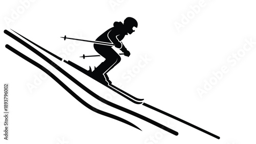 A skier in motion down a slope depicted as a striking silhouette