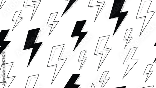 Black and white lightning bolts scattered randomly on a clean white background for graphic design