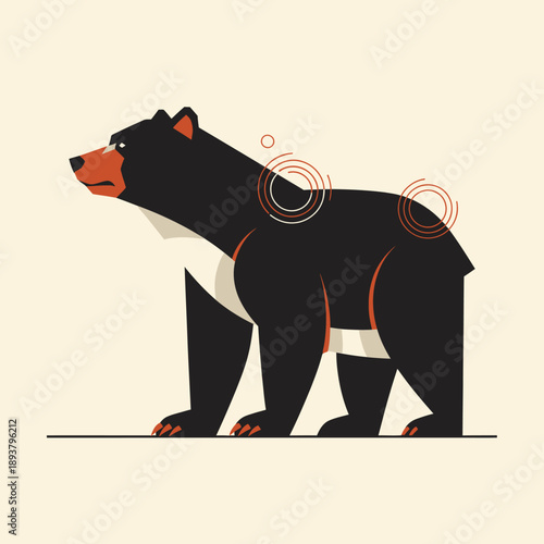 Illustration of a black bear standing on all fours viewed from the side with circular design elements