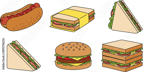 Fast food sandwich and burger icon set with hotdog, layered toast, triangle snacks and meal illustration