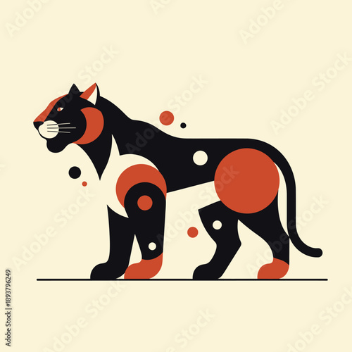 A stylized illustration of a black panther standing sideways with abstract red and white accents and geometric shapes in a minimalist style