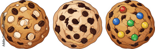 Assorted chocolate chip cookies collection with white chocolate chunks and colorful candy gems on top, hand drawn cartoon vector illustration isolated background.