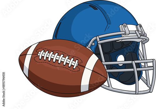 Professional blue American football helmet and brown leather ball isolated on white background flat vector illustration for sports competition concept.