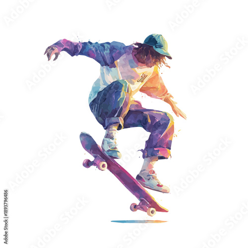 Watercolor painting of Skateboarding, detailed and artistic vector illustration on a white background.