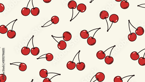 Vibrant red cherries pattern on cream background fresh fruit illustration