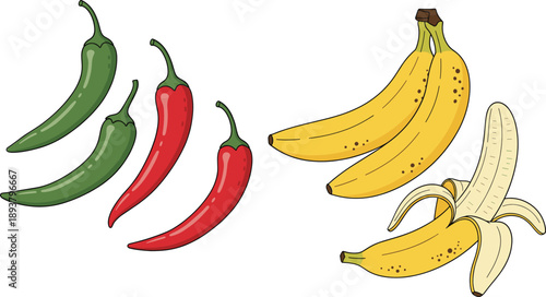 Fresh banana and chili pepper illustration set with spicy vegetables and tropical fruit for food design