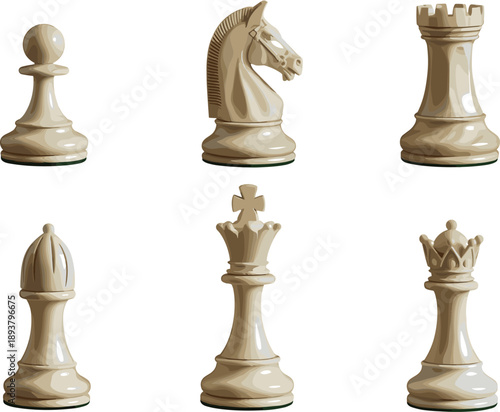 Classic ivory chess pieces set, pawn knight rook bishop queen king, strategy board game, isolated studio photography