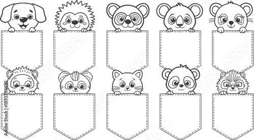 Cute cartoon animal pocket set with dog, bear, cat, panda, tiger, monkey, lion, raccoon and hedgehog in black and white