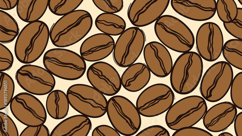Brown coffee beans scattered on a beige background illustrating a vibrant caffeine concept