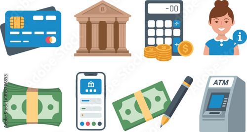 Financial services icon set with bank, credit card, calculator, cash, mobile banking, ATM, accounting, customer support illustration
