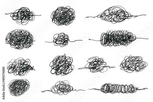 Scribble chaotic lines set. Scrawl messy chaos ball. Clew lines thread. Tangled insane knot lines, hand draw complicated difficult way concept. 