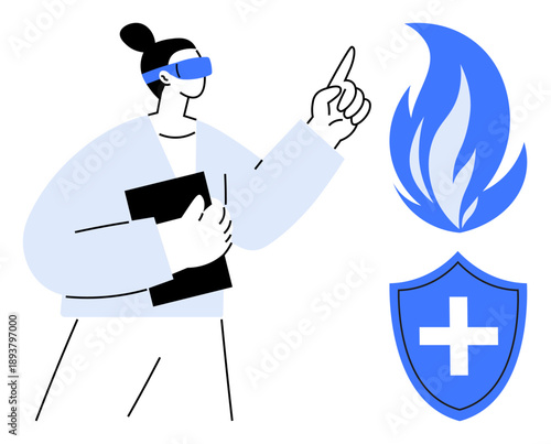 Virtual reality, emergency response, healthcare, security, medical innovation, protection. A person in VR glasses holds a tablet and points to icons of fire and a medical shield. Virtual reality
