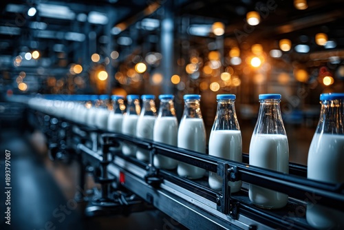 Dairy. Row of bottles with pasteurized milk on conveyor belt. Dairy plant conveyor fills and packs bottles of glass milk. Conveyor is an automatic product line with a dairy plant.