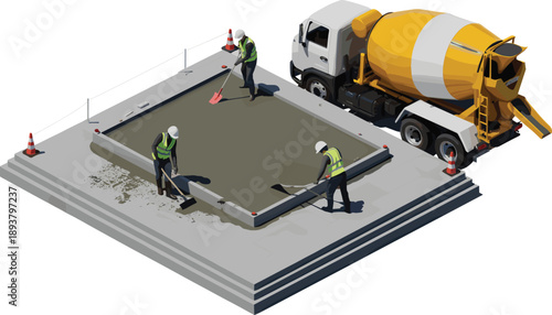 Isometric concrete pouring scene with construction workers leveling slab, cement mixer truck, building foundation work, industrial civil engineering illustration project
