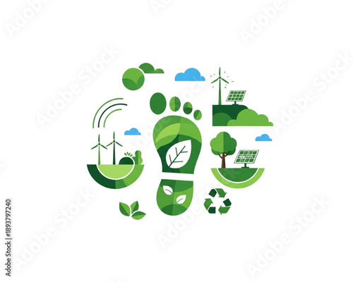 Green Footprint Sustainability Concept Flat Vector, Eco Friendly Carbon Footprint Icon with Wind Turbines Solar Panels Recycling Symbol, Renewable Energy Climate Action Illustration