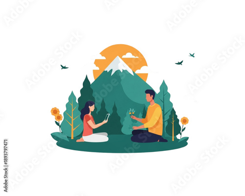 Couple Enjoying Digital Detox in Nature Flat Vector Illustration, Man and Woman Relaxing Outdoor with Mountain Sunset, Forest Landscape, Mindful Travel Camping Lifestyle Concept