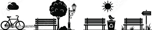Black and white park icons featuring benches trees street lamps bicycles recycling bins and sun symbols for urban planning and outdoor lifestyle designs