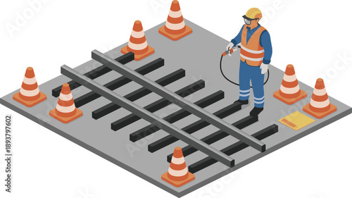 Isometric railway maintenance illustration with construction worker, safety cones, rail track repair, infrastructure work, industrial transportation concept