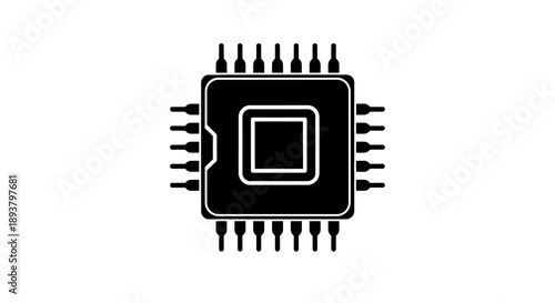 Simple black silhouette icon of a computer chip, also known as an integrated circuit or microprocessor, on a white background.