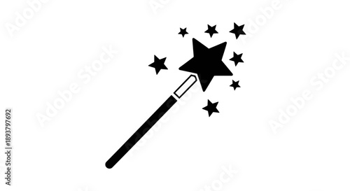 A simple black silhouette icon of a magic wand with sparkling stars on a white background