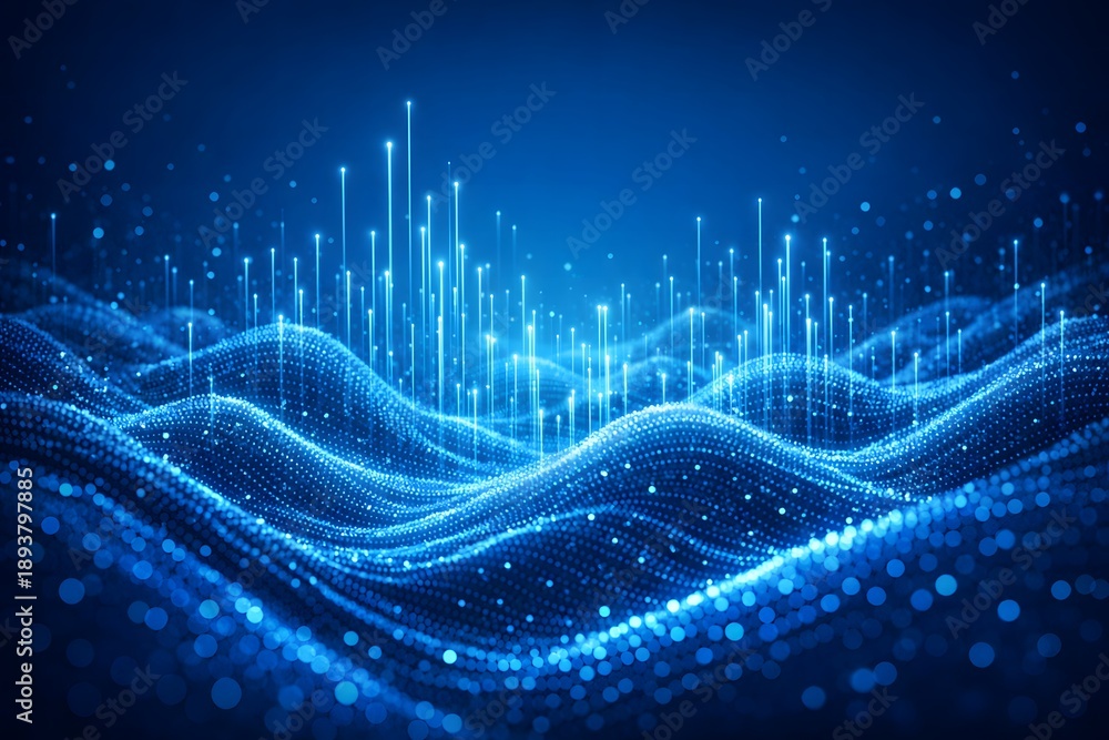 Naklejka premium Abstract blue energy landscape with glowing particles and wavy surfaces, representing data and digital ocean