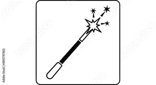 Black and white icon of a magic wand creating sparkles, symbolizing magic and fantasy