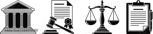 Black and white vector icon set featuring a courthouse building, judge gavel with certificate, scales of justice, and legal document with pen
