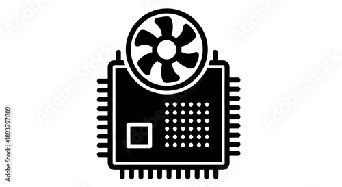 An icon representing a microchip with a cooling fan for computer hardware