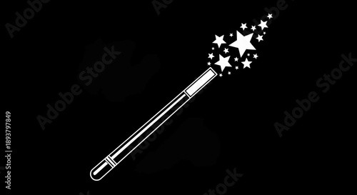 Simple white magic wand casting glittering stars against a solid black backdrop