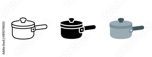 Saucepan icon. Cooking pot with long handle and lid for kitchen use. Cookware utensil for boiling and preparing food. Kitchen equipment pictogram.