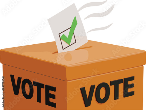 Orange election ballot box with vote text and paper slip with green check mark for democracy and government voting concept vector illustration.