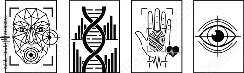 Black and white vector icon set featuring biometric security elements including facial recognition DNA sequencing fingerprint scanning and eye iris identification for privacy design