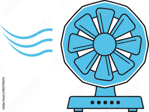 Blue electric table fan blowing cool air wind lines isolated on white background flat vector illustration for summer heat wave cooling concept.