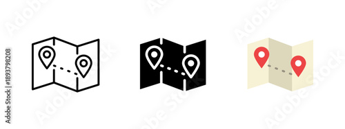 Map and location icon with route and destination pins in outline, solid and flat styles. Navigation and travel vector symbol for GPS apps, UI interfaces, route planning, tourism and location services.
