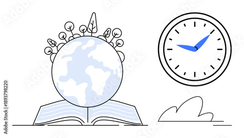 Education, sustainability, global awareness, time management, ecological responsibility, knowledge transfer. Globe on book with clock beside. Education and sustainability concept