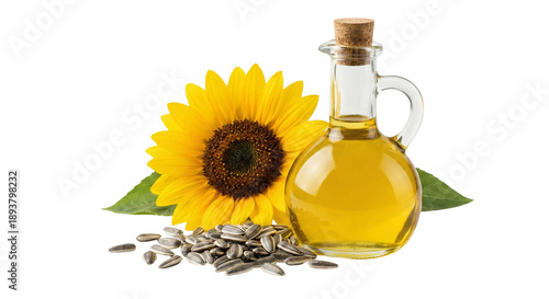 Golden Sunflower Oil in Glass Bottle with Vibrant Yellow Blossom and Striped Seeds, Healthy Cooking Ingredient isolated on transparent background