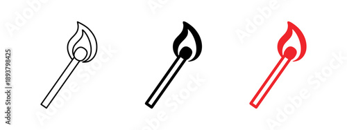 Matchstick with flame icon set in outline, solid and color styles. Minimal vector symbols for fire, ignition, heat, danger, safety, camping, survival, energy and warning concepts.