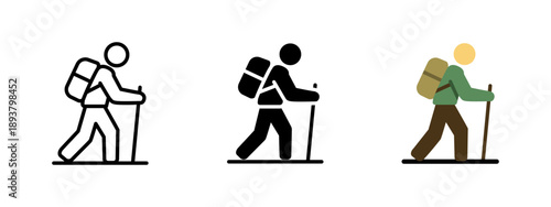 Hiking traveler icon set in outline, solid and color styles. Minimal vector symbols of hiker with backpack and trekking pole for outdoor, travel, tourism and adventure UI design.