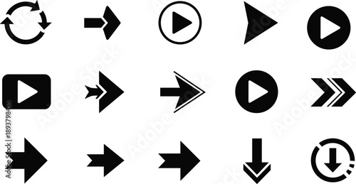 Black and white vector icon set featuring directional arrows playback buttons play symbols and refresh signs for digital interface and multimedia app design